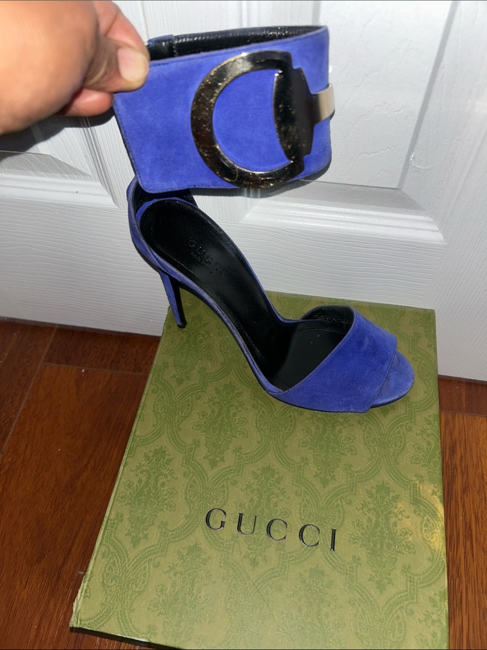 Gucci Royal Blue Suede Stiletto Sandals with Gold Accent